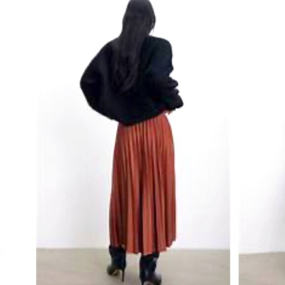 H&M SZ10 Dark Rust Pleated Midi Skirt Modern Minimalist Monochrome Sophisticated - Picture 3 of 11